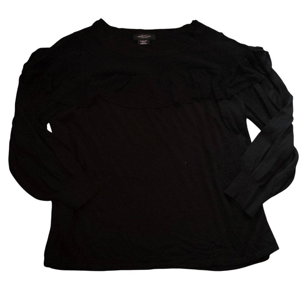 Michel Studio Black Ruffle Mesh Yoke Knit Top Plus 4X Long Sleeve Pullover Chic
